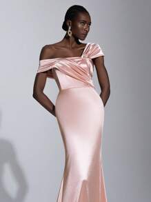 Elitara Elegante y glamoroso vestido de satén elástico plisado a mano de color rosa coral con cuello asimétrico, talle alto y cola de sirena delgada, apropiado para citas, despedidas de soltera, bailes, ceremonias de graduación, cenas formales, eventos de noche y bodas