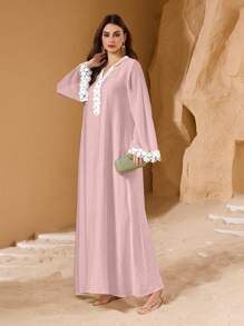 Al Najma Elegant Flared Sleeve Front Floral Lace Decor Maxi A-Line Arabian Dress, Spring/Summer,Modest - Pink - View 6