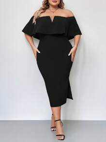 Firerie Talla grande Vestido de hombros descubiertos ribete con fruncido de muslo con abertura