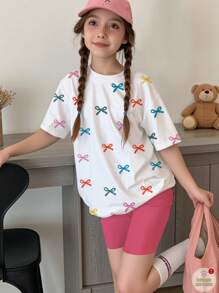 SHEIN Leap Crew Set de 2 piezas con camiseta y shorts con estampado de mariposas coloridas, de estilo casual y minimalista, para niñas preadolescentes en verano, color rosa