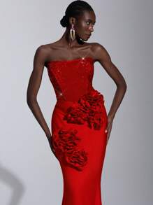 SHEIN Belle Elegant And Gorgeous Red Elastic Sequins Stitching Elastic Knitted Handmade Three-Dimensional Flower Embellishment Sailboat Collar Tube Fishtail Dress, Suitable For Dating Single Party Ceremony Formal Occasion Dinner Dress, Wedding Guest Dress, Evening Dress, Gown - Red - View 4