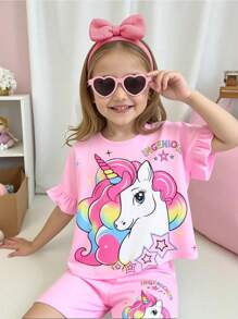Young Girls Pink Colorful Unicorn Ruffle Short Sleeve T-Shirt With Elastic Waist Shorts Set, Casual For Summer Daily Wear