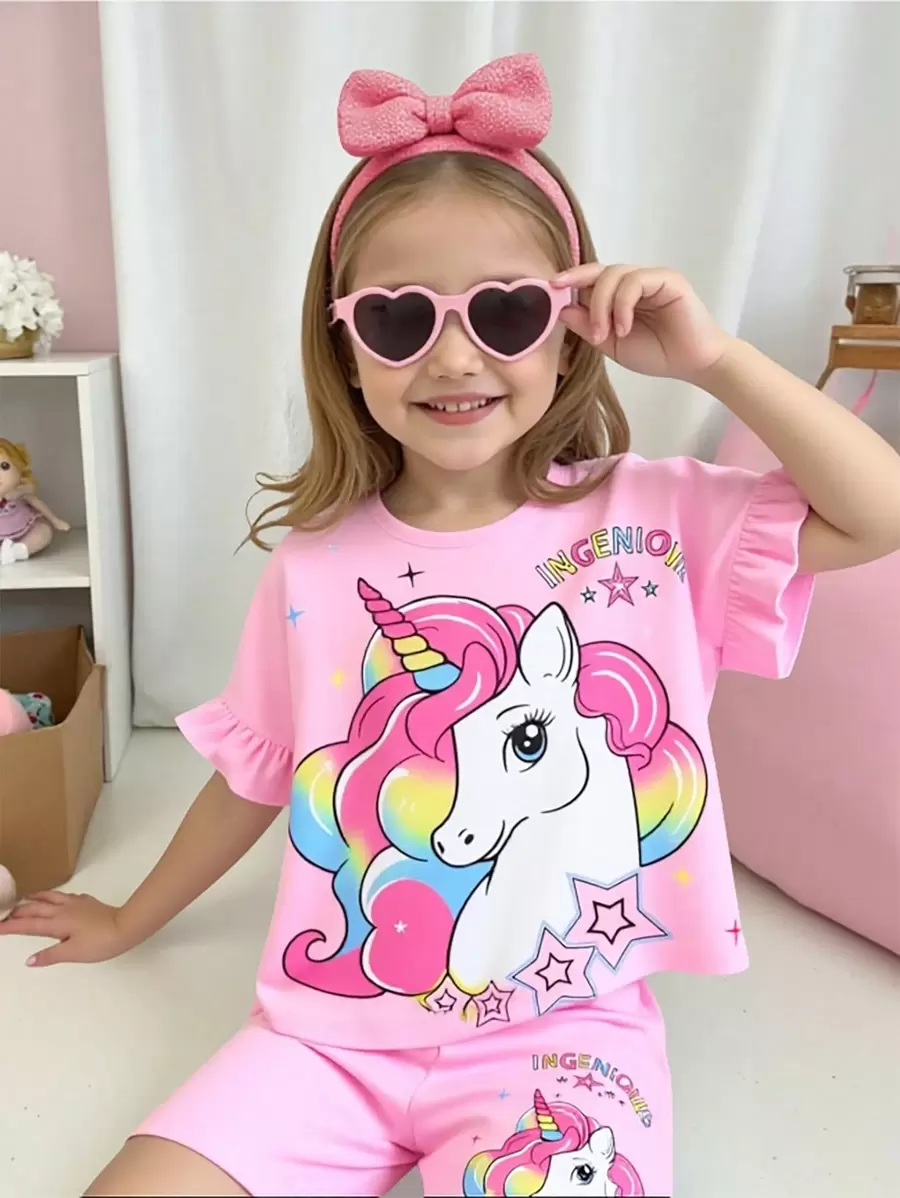 Young Girls Pink Colorful Unicorn Ruffle Short Sleeve T-Shirt With Elastic Waist Shorts Set, Casual For Summer Daily Wear