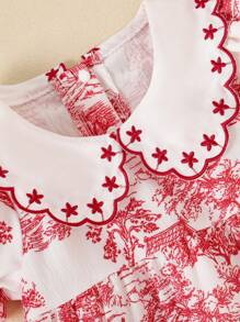 Souflis Souflis 女宝宝中国风复古水墨天使红泡泡袖花卉刺绣前开襟轻松穿着夏季多巴胺优雅连衣裙 - 彩色 - 查看 3