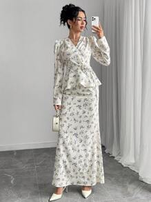 Modelyn 2pcs Women Ditsy Floral Long Sleeve Blouse And Midi Skirt Set, Elegant Holiday Outfit