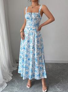 Elenzga Vestito da donna a fantasia floreale con spacco laterale, bretelle a spaghetti e lunghezza media, stile vacanziero