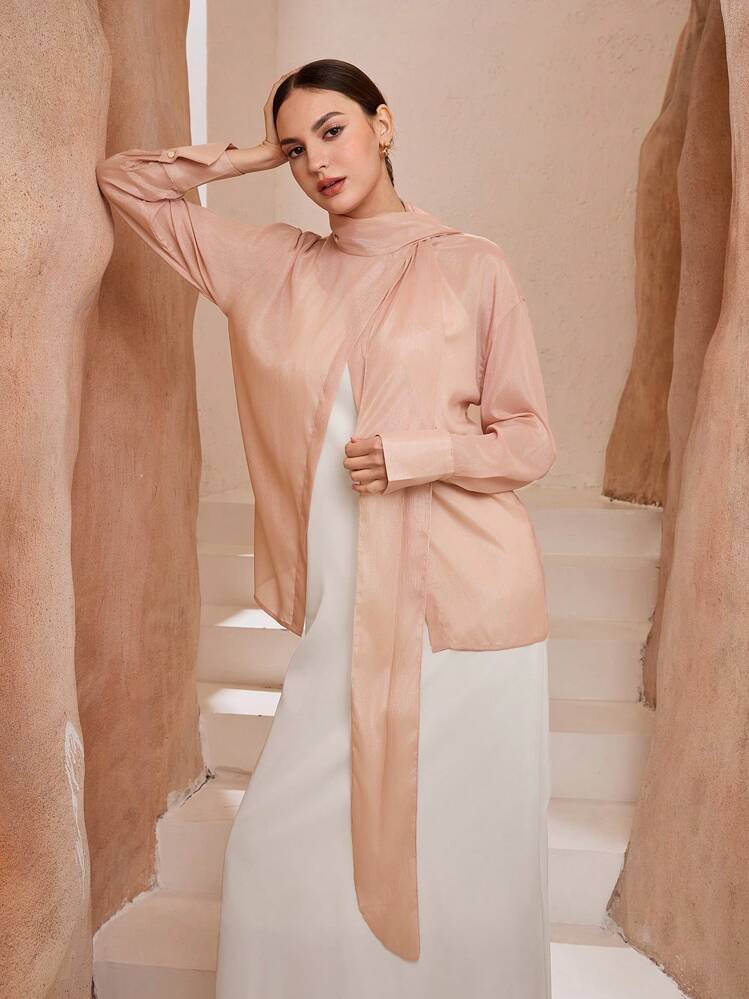 Graceveil 2pcs Elegant Ribbon Bow Wrap Slit Solid Shirt And Draped Long Skirt Set - Baby Pink - View 4