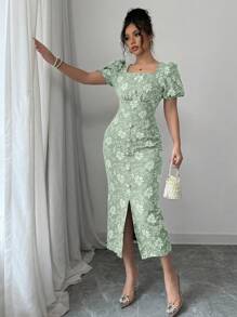 Modelyn Short Sleeve Square Neck Minimalist Dress, Fashionable For Summer - Green - View 3