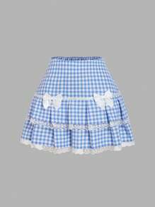 SHEIN MOD 前蝴蝶结撞色蓝白格子多层荷叶边田园裙，外出裙，度假裙，波西米亚风女装，沙滩女装 - 藍白色 - 查看 1