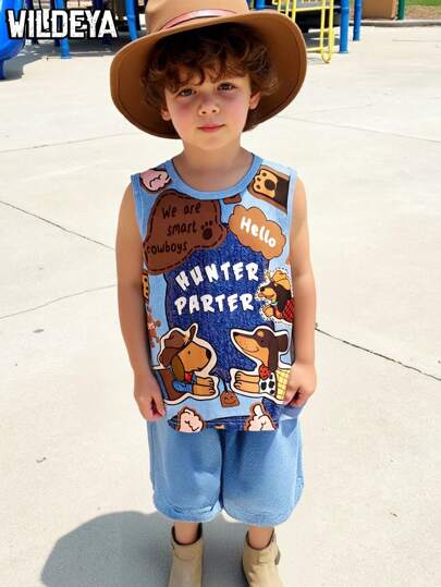 2025春夏新款可爱有趣的西部狗印花2件套男童（小号）休闲舒适套装，适合日常穿着、户外玩耍、家庭聚会和度假