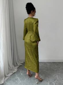 Modelyn 女士优雅腰部图案紧身连衣裙，适合春夏季 - 綠色 - 查看 2