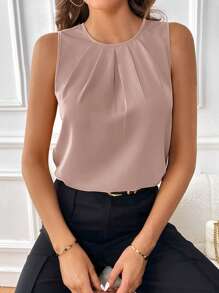 SHEIN Clasi Women's Solid Color Pleated Round Neck Sleeveless Casual Blouse