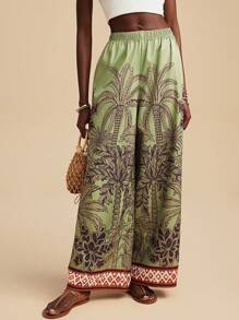 Travachic Quần ống rộng in họa tiết cây cọ cho nữ, thích hợp cho kỳ nghỉ - màu xanh lá - Xem 3