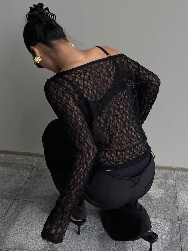 Women's Lace Asymmetric Neck Slim Fit Crop Top, White, Spring/Summer Sheer Long Sleeve Women Tops,Fall Women Clothes