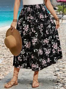 Breezaya Jupe ample en lin à taille haute et à motif floral épars pour femmes grandes tailles