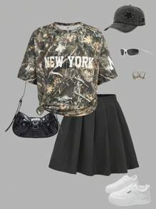 Ensemble 2 pièces pour préadolescentes : T-shirt oversize à imprimé camouflage et lettres + jupe mini plissée noire, retour à l'école, style Y2K, streetwear, chic et doux, style campus américain - Multicolore - Voir 2
