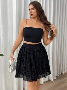 SHEIN Privé Váy mini xòe in hoa cạp chun cỡ lớn, thoải mái, giản dị, thanh lịch, mặc đi biển ngày lễ, vải co giãn, thích hợp để đi làm, mùa xuân/hè - màu đen - Xem 4