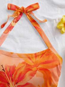 Soleia 女士假日风格橙色百合花卉扎染芙蓉度假印花吊带白色修身背心，适合夏季 - 橘色 - 查看 6