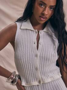 MUSERA 罗纹针织无袖腰部细节领口修身连体裤休闲夏季度假节日机场穿搭秋季约会之夜蓬松舒适纽扣细节热裤奶油色新娘单身派对婚礼告别单身派对春季婚礼派对复活节 - 白色 - 查看 4