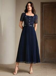 Anewsta Spitzen-Patchwork Chiffon Swing A-Linien Kleid, elegantes neues Design mit kurzen Ärmeln für Damen - marineblau - Übersicht 7