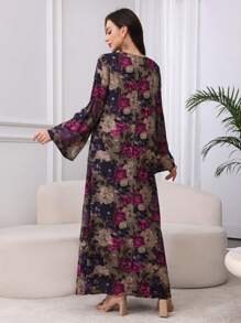 Al Najma Cotton Floral Print Lace-Up Collar Comfortable Dress,Modest - Purple - View 4