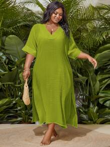 Slaydiva Plus Size Women Solid V-Neck Batwing Sleeve Loose Coverup Dress, Resort Wear For Summer Beach Vacation