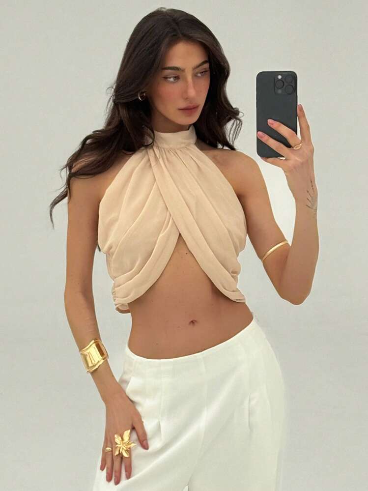 Aloruh Chiffon Vacation Casual Fashion Cross Ruched Back Neck Button Elegant Sexy Blouse For Women,Rave Top - Khaki - View 6