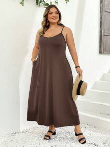 SHEIN CURVE+ 超大码基本款黑色细肩带连衣裙，春夏 - 咖啡棕 - 查看 8