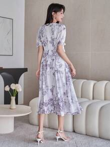 DAZY Women Floral Print Square Neck Puff Sleeve Ruffle Hem Midi Dress Sundress