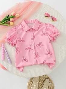 女孩粉色蝴蝶结印花短款泡泡袖纽扣衬衫