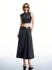 LYSMO 2025 New Arrival Summer Women's Matte Satin Asymmetrical One-Shoulder Knot Top And Knot Detail Skirt Set,Party Cloth - Black - View 4
