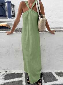 Vivid Eden Solid Color Woven Halter Dress For Women,S,For Summer Beach Vacation,Casual Style,Festival,Vacation Dress,Summer Outfits For Women,Beach Outfits For Women