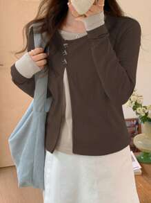 DAZY 女士撞色长袖二合一斜襟圆领蝴蝶T恤，秋季服装