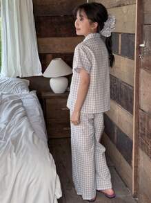 DAZY Tween Girl' Short Sleeve Plaid Embroidery Soft Home Dress, Spring/Summer