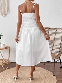 SHEIN White Boho Maternity Dress: Shirred Spaghetti Strap Midi Dress, Knee Length Casual Summer Dress For Women - White - View 4