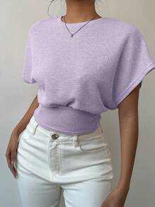 Aloruh Camiseta casual de mujer de cuello redondo, mangas tipo murciélago y unicolor con cintura