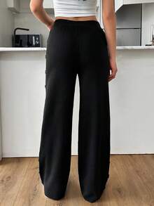 EURMUSE Buttoned Elegance: Side Detail Knit Trousers Women - Black - View 2