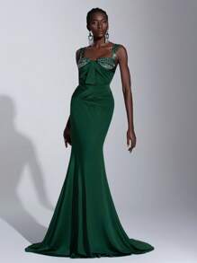 Elitara 优雅华丽绿色手工渐变烫钻宽肩吊带桃心系带修身鱼尾拖尾连衣裙适合约会单身派对毕业典礼婚礼活动厚重晚礼服，正式礼服，晚间，婚礼宾客 - 綠色 - 查看 4