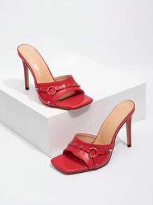 CUCCOO GRLICON 女士性感时尚铆钉装饰方头细高跟穆勒鞋，休闲百搭红色高跟凉鞋 - 紅色 - 查看 2