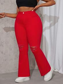Slaydiva Plus Size Plain Denim Jeans, Casual & Fashion, Suitable For Summer - Red - View 3