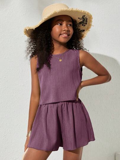 SHEIN NovaGlow Tween Girl Tween Girls' Casual Solid Color Sleeveless Woven Top And Shorts Set