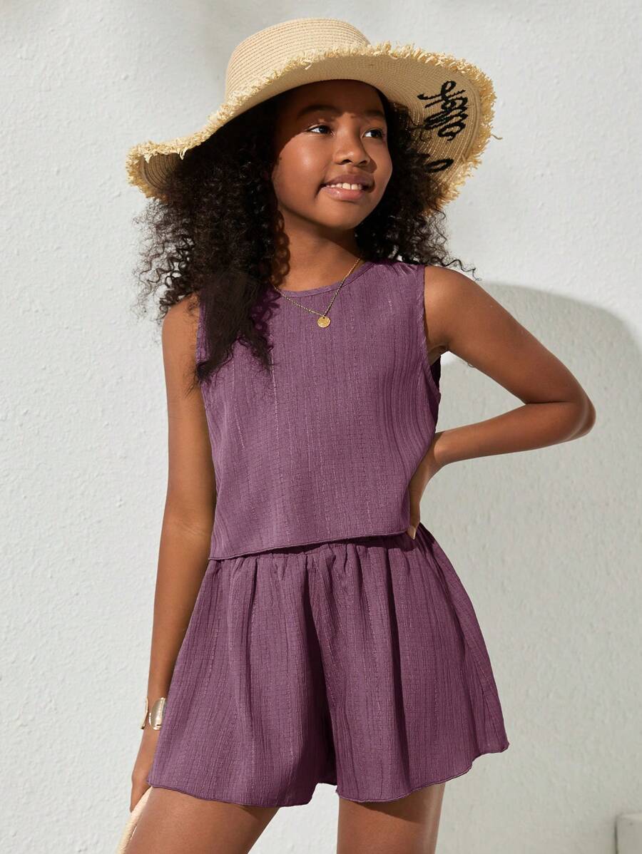 SHEIN NovaGlow Tween Girl Tween Girls' Casual Solid Color Sleeveless Woven Top And Shorts Set - Red Violet - View 1