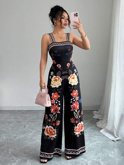 Elenzga 女士度假花卉印花阔腿连体裤