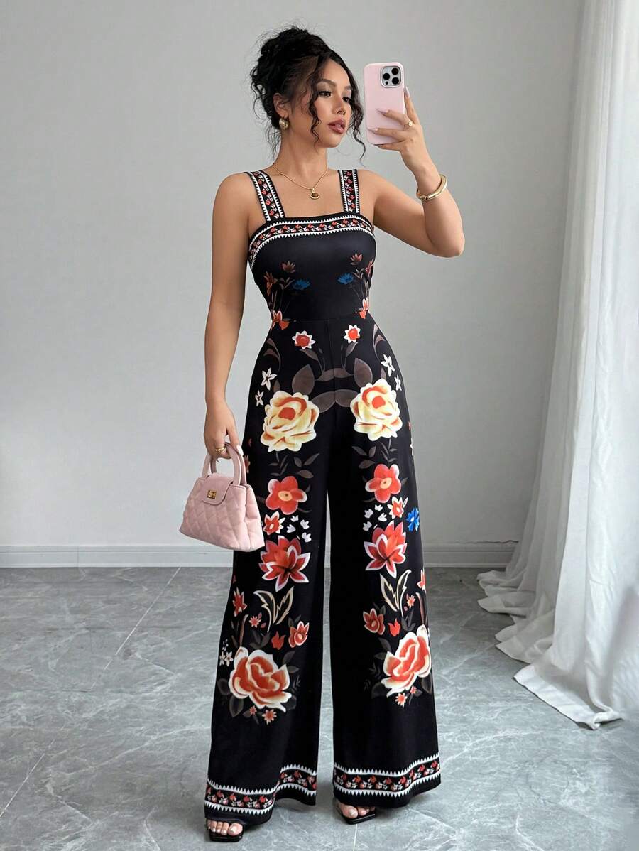 Elenzga 女士度假花卉印花阔腿连体裤 - 黑色 - 查看 1