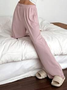 DAZY 女式简约柔软针织罗纹宽松睡裤睡衣 - 粉色 - 查看 3