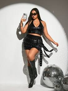 SHEIN ICON Plus Size Y2K Punk Style Tight Fit PU Leather Hanging Belt Decor Mini Skirt - Black - View 7