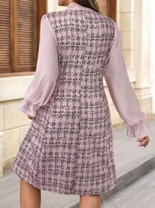Chikora Plus Size Women Chiffon Sleeve Splice Faux Tweed Knit Print Dress, Metal Button Color Block Elegant Business Commute, Autumn/Winter - Pink - View 8