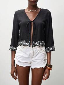 Lumivelle Women's Tie Collar Short Sleeve Lace Solid Blouse, Bohemian Style, Everyday, Vacation, Ruffle