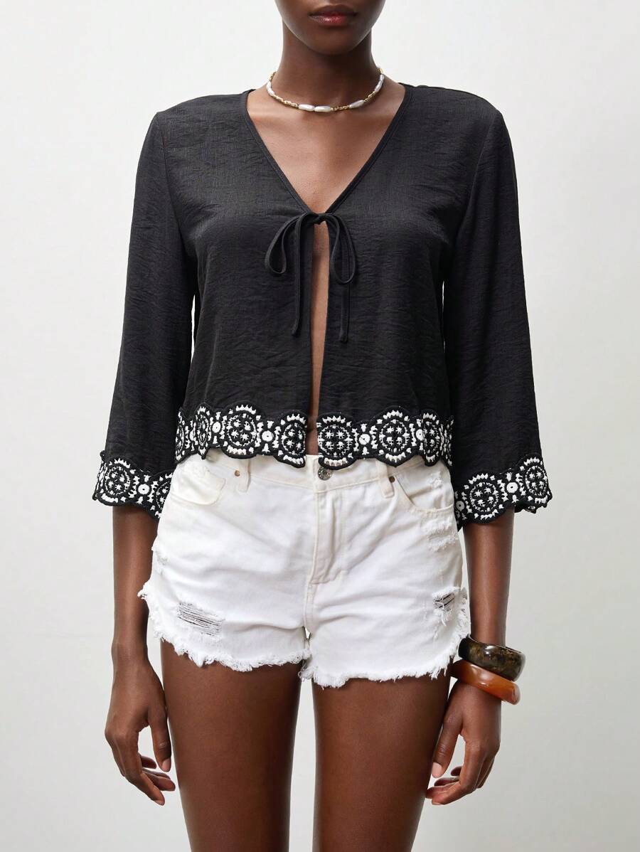 Lumivelle Women's Tie Collar Short Sleeve Lace Solid Blouse, Bohemian Style, Everyday, Vacation, Ruffle