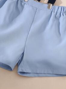 SHEIN Toddler Boys' Gentleman Style Short Sleeve Shirt + Bib Shorts Set, Casual For Spring & Summer